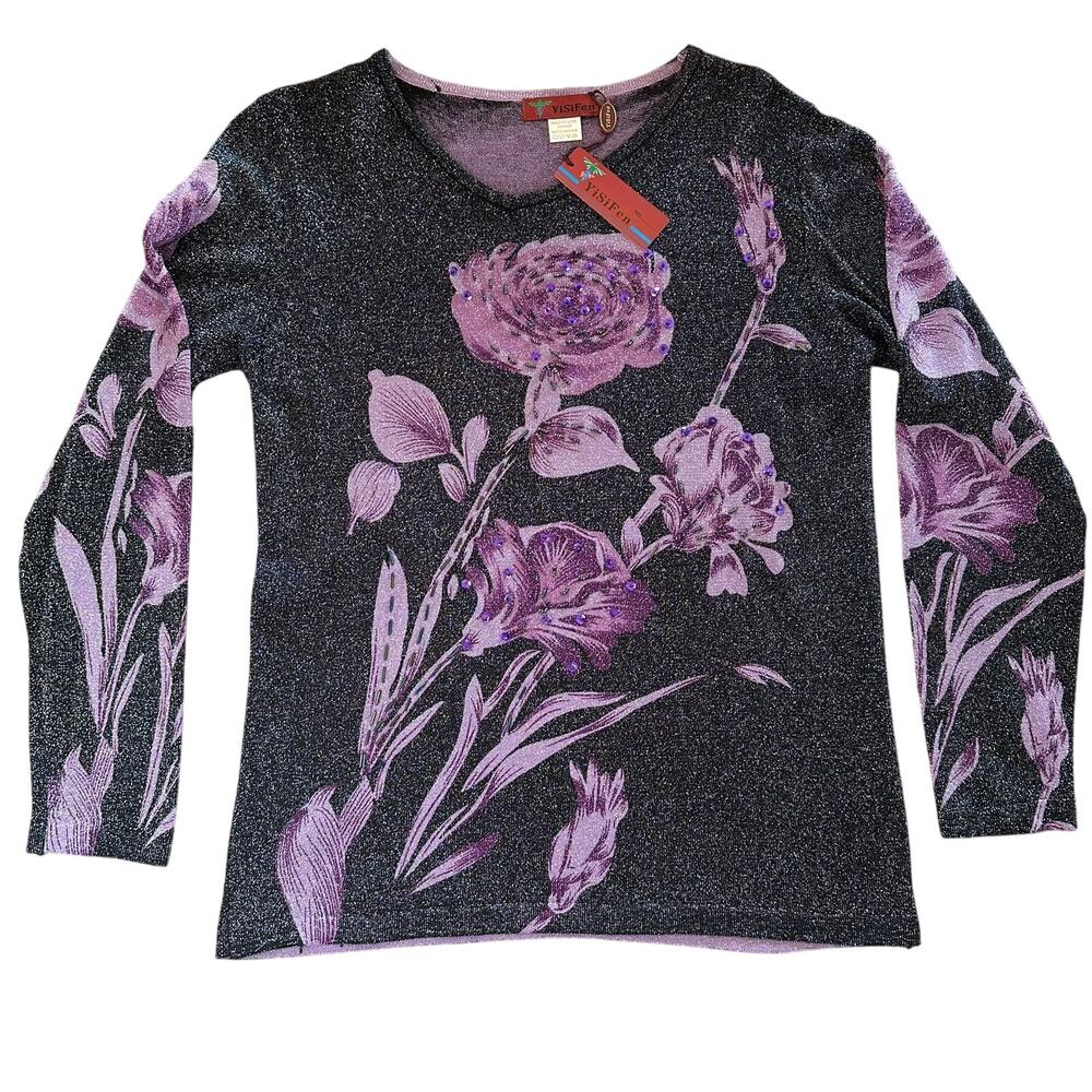 NWT Elegant Sequins Floral Shimmering Black Purple Violet Long Sleeve Top- Large